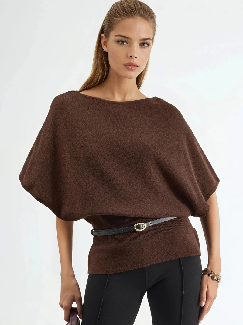 Qustyle QU STYLE Belted Crew Neck Ribbed Knit Sweater