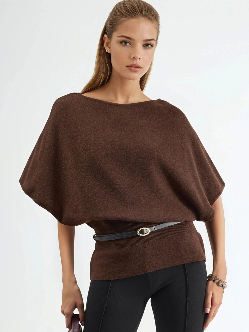 Qustyle QU STYLE Belted Crew Neck Ribbed Knit Sweater - Image 1