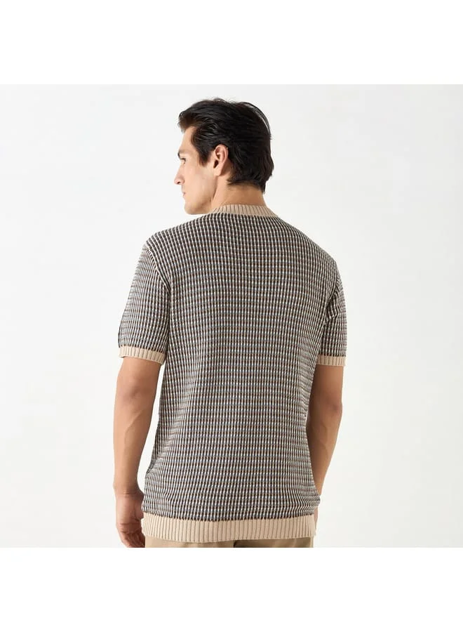 Iconic Iconic Textured Sweater with Round Neck and Short Sleeves