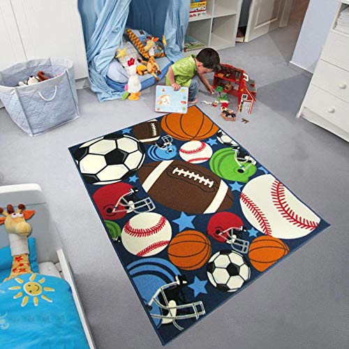 HUAHOO Blue Kids Rug Fun Sport Rugs Nylon Carpet Boys Girls Childrens Rug Balls Print with Soccer Ball, Basketball, Football, Tennis Ball Bedroom Playroom 51'' x 75'' - Image 2