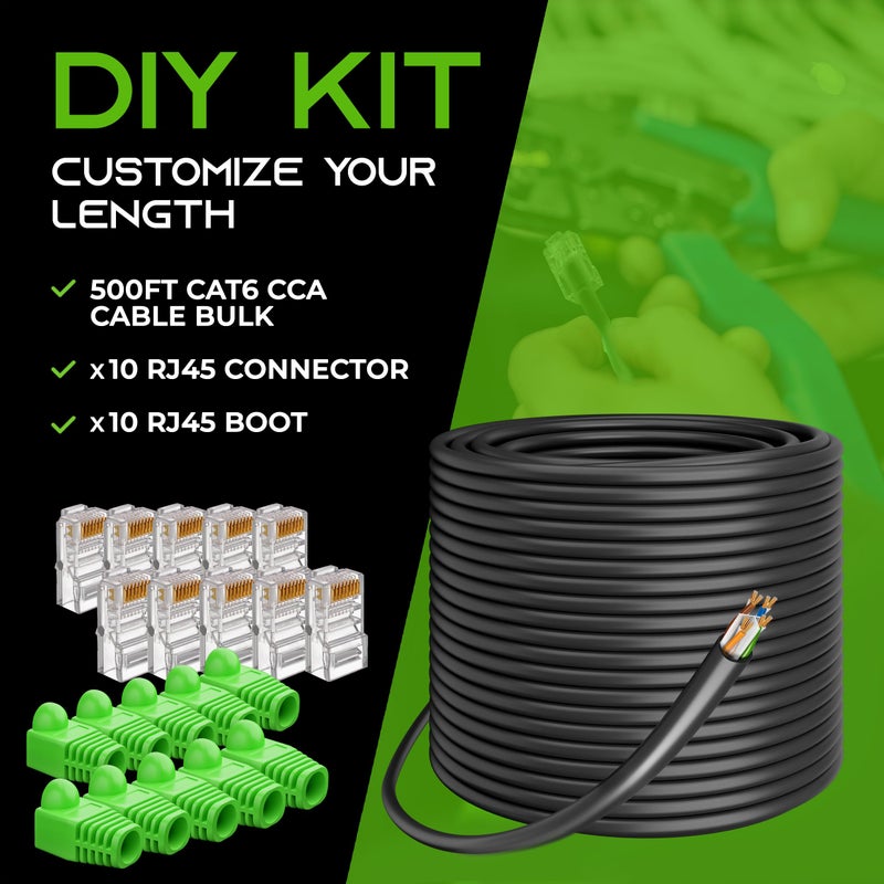 GearIT كابل إيثرنت باتش RJ45 Cat-6 من GearIT، مجموعة DIY بالجملة (10 RJ45 و 10 غلاف)، سرعة نقل 10Gpb، موصلات مطلية بالذهب، نحاس مغطى، خارجي، مقاوم للأشعة فوق البنفسجية، دفن مباشر، مقاوم للماء، 500 قدم، أسود - Image 2