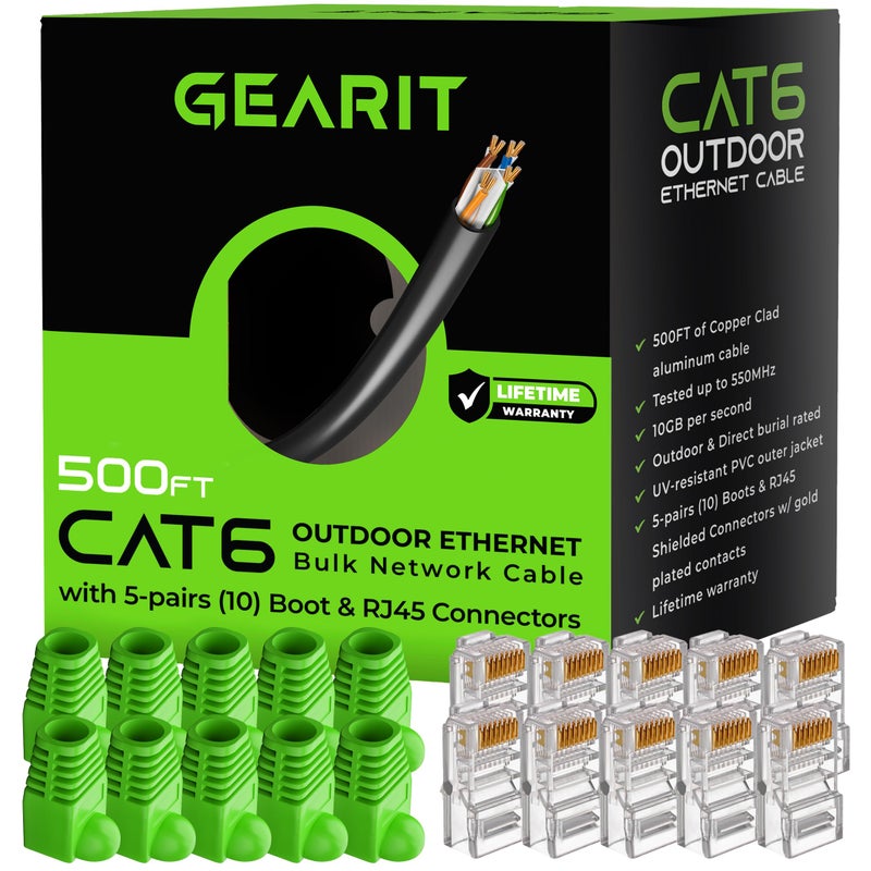 GearIT كابل إيثرنت باتش RJ45 Cat-6 من GearIT، مجموعة DIY بالجملة (10 RJ45 و 10 غلاف)، سرعة نقل 10Gpb، موصلات مطلية بالذهب، نحاس مغطى، خارجي، مقاوم للأشعة فوق البنفسجية، دفن مباشر، مقاوم للماء، 500 قدم، أسود - Image 1