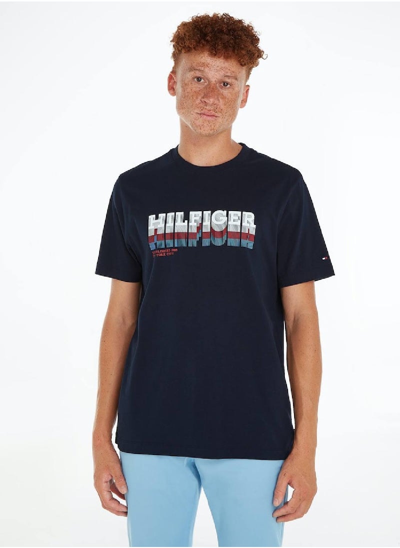 TOMMY HILFIGER Men's Faded Hilfiger Logo T-Shirt - Cotton, Blue  - Image 1