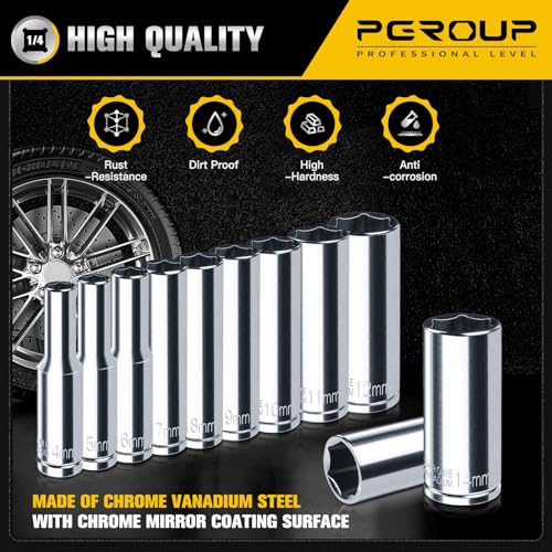 pgroup 1/4" Drive Deep Socket Set, 11PCS Metric Size Socket Set (4mm-14mm), 6-Point Design, Equipped with Storage Holder, Chrome Vanadium Steel - Image 5