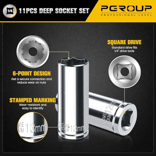 pgroup 1/4" Drive Deep Socket Set, 11PCS Metric Size Socket Set (4mm-14mm), 6-Point Design, Equipped with Storage Holder, Chrome Vanadium Steel - Image 4