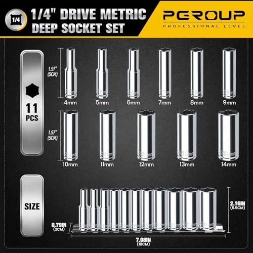 pgroup 1/4" Drive Deep Socket Set, 11PCS Metric Size Socket Set (4mm-14mm), 6-Point Design, Equipped with Storage Holder, Chrome Vanadium Steel - Image 2