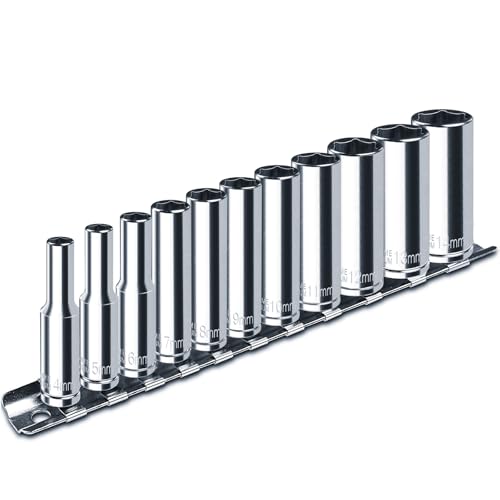 pgroup 1/4" Drive Deep Socket Set, 11PCS Metric Size Socket Set (4mm-14mm), 6-Point Design, Equipped with Storage Holder, Chrome Vanadium Steel - Image 1
