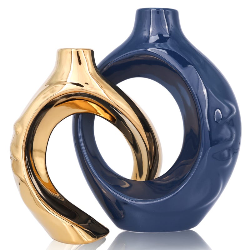 oliruim Navy Blue Home Decor Ceramic Vase, Navy Blue Gold Round Vase with Holes Set of 2, Suitable for Wedding Entrance Decoration, Bookshelf, Mantel, Unique Home Decor (Blue Gold) - Image 1
