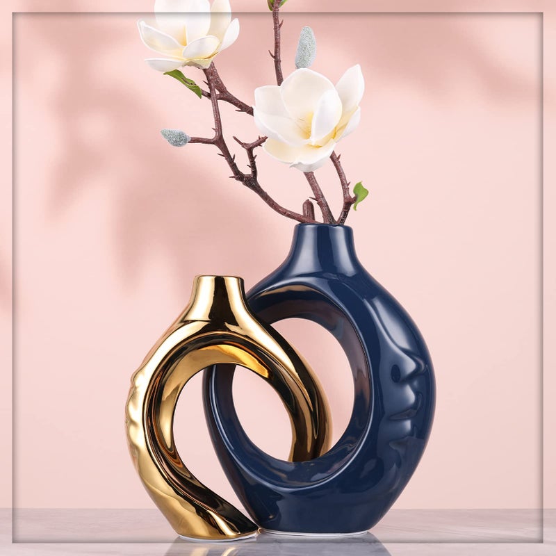 oliruim Navy Blue Home Decor Ceramic Vase, Navy Blue Gold Round Vase with Holes Set of 2, Suitable for Wedding Entrance Decoration, Bookshelf, Mantel, Unique Home Decor (Blue Gold) - Image 2