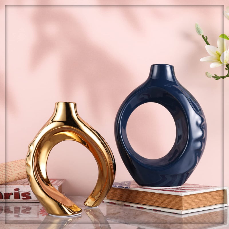 oliruim Navy Blue Home Decor Ceramic Vase, Navy Blue Gold Round Vase with Holes Set of 2, Suitable for Wedding Entrance Decoration, Bookshelf, Mantel, Unique Home Decor (Blue Gold) - Image 3