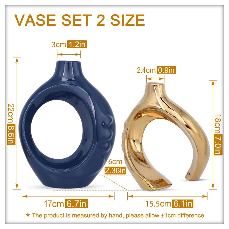oliruim Navy Blue Home Decor Ceramic Vase, Navy Blue Gold Round Vase with Holes Set of 2, Suitable for Wedding Entrance Decoration, Bookshelf, Mantel, Unique Home Decor (Blue Gold) - Image 4