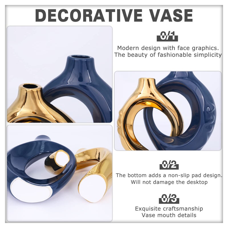 oliruim Navy Blue Home Decor Ceramic Vase, Navy Blue Gold Round Vase with Holes Set of 2, Suitable for Wedding Entrance Decoration, Bookshelf, Mantel, Unique Home Decor (Blue Gold) - Image 5