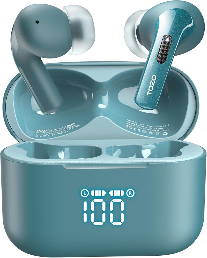 TOZO T20 Wireless Earbuds Bluetooth Headphones 48.5 Hrs Playtime with LED Digital Display, IPX8 Waterproof, Dual Mic Call Noise Cancelling 10mm Broad Range Speakers with Wireless Charging Case Green - Image 1
