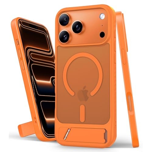 Elzzi Translucent Matte Kickstand Compatible with Mag-Safe Case for iPhone 17 Pro, Built-in Adjustable Camera Stand, Magnetic Mag-Safe Shockproof Phone Cover (Cosmic Orange) - Image 1