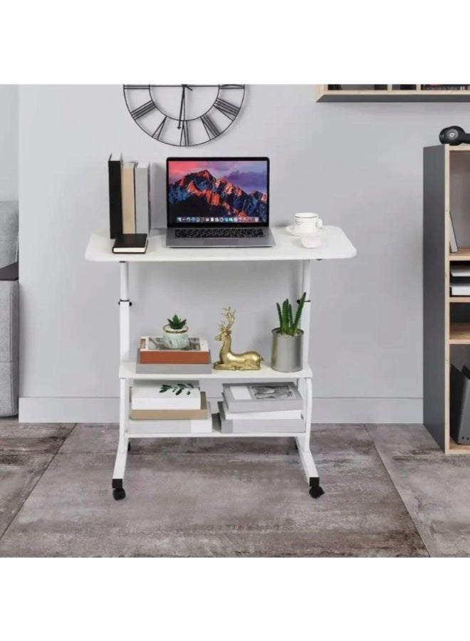 SHEE ONE Adjustable Laptop Table in Elegant White | Rolling Bedside & Overbed Table for Work, Study, or Meals | Height Adjustable from 60–85 cm with Extra Storage Shelf | Compact & Space-Saving – Size: 40×60 cm - Image 1
