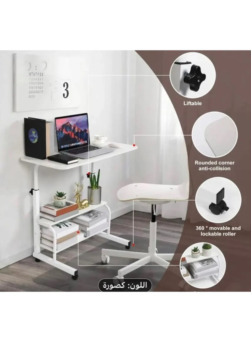 SHEE ONE Adjustable Laptop Table in Elegant White | Rolling Bedside & Overbed Table for Work, Study, or Meals | Height Adjustable from 60–85 cm with Extra Storage Shelf | Compact & Space-Saving – Size: 40×60 cm - Image 5