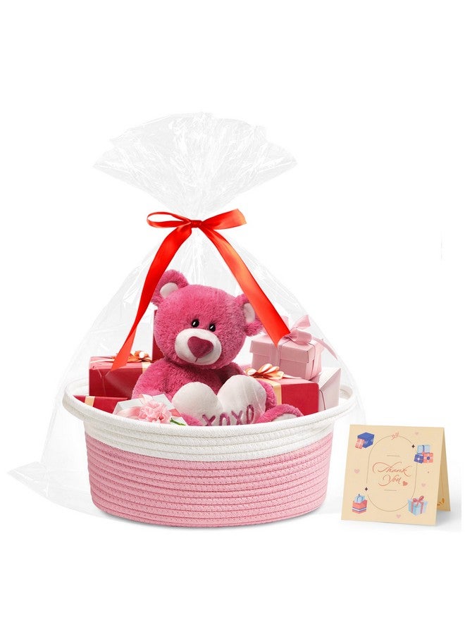Yeeeasy Small Woven Basket with Gift Bags and Ribbons Cute Baskets for Gifts Empty 12"x8"x5" Small Rope Toy Basket for Babies Baskets for Storage, White & Pink - Image 1