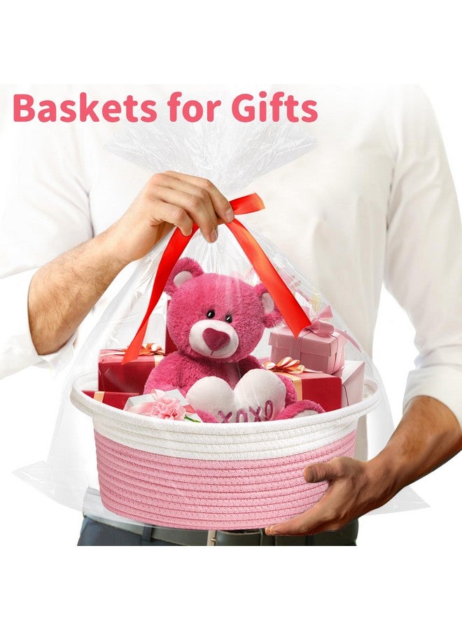 Yeeeasy Small Woven Basket with Gift Bags and Ribbons Cute Baskets for Gifts Empty 12"x8"x5" Small Rope Toy Basket for Babies Baskets for Storage, White & Pink - Image 2