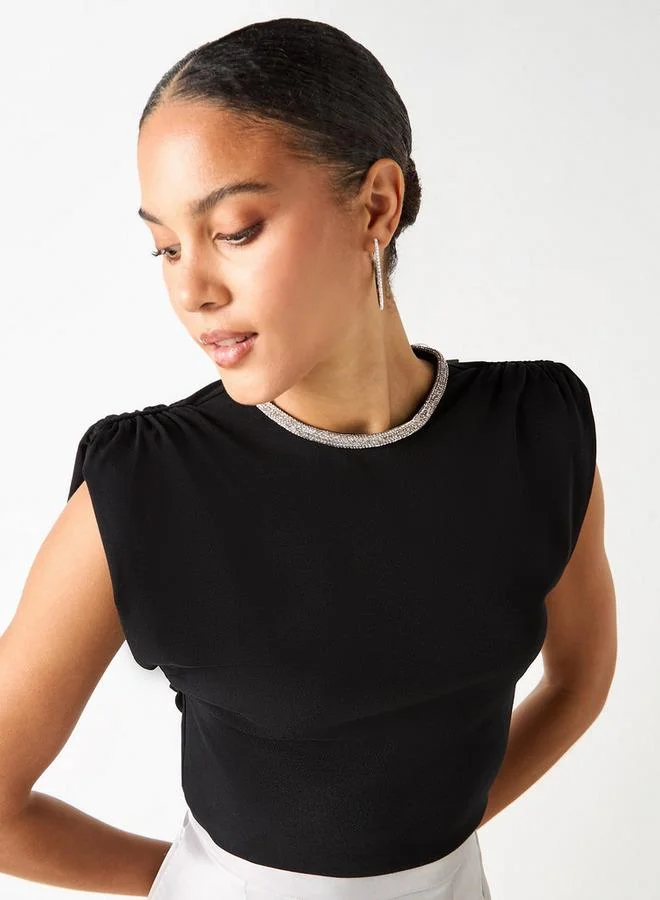 2Xtremz 2Xtremz Embellished Crew Neck Sleeveless Top with Ruched Detail