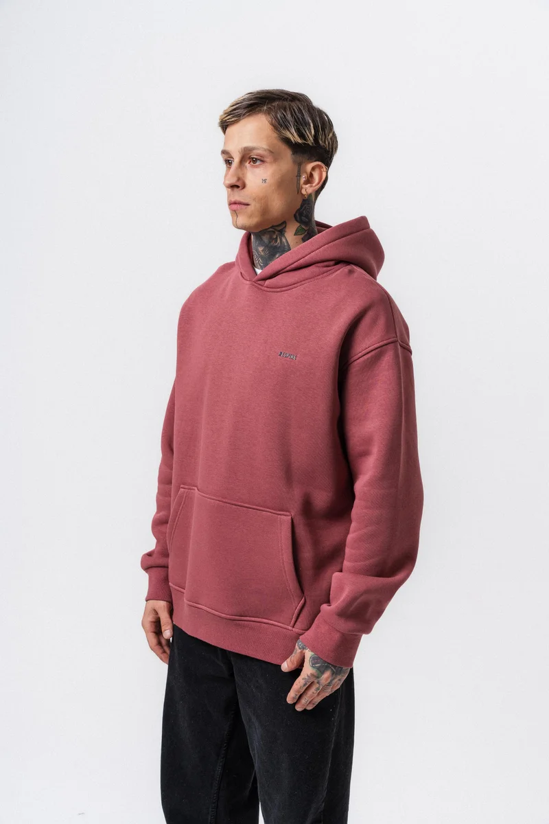 ريسباير هودي رجالي أساسي واسع (Oversize) بغطاء رأس بتفاصيل نص "Respire" لون وردي (Gül)