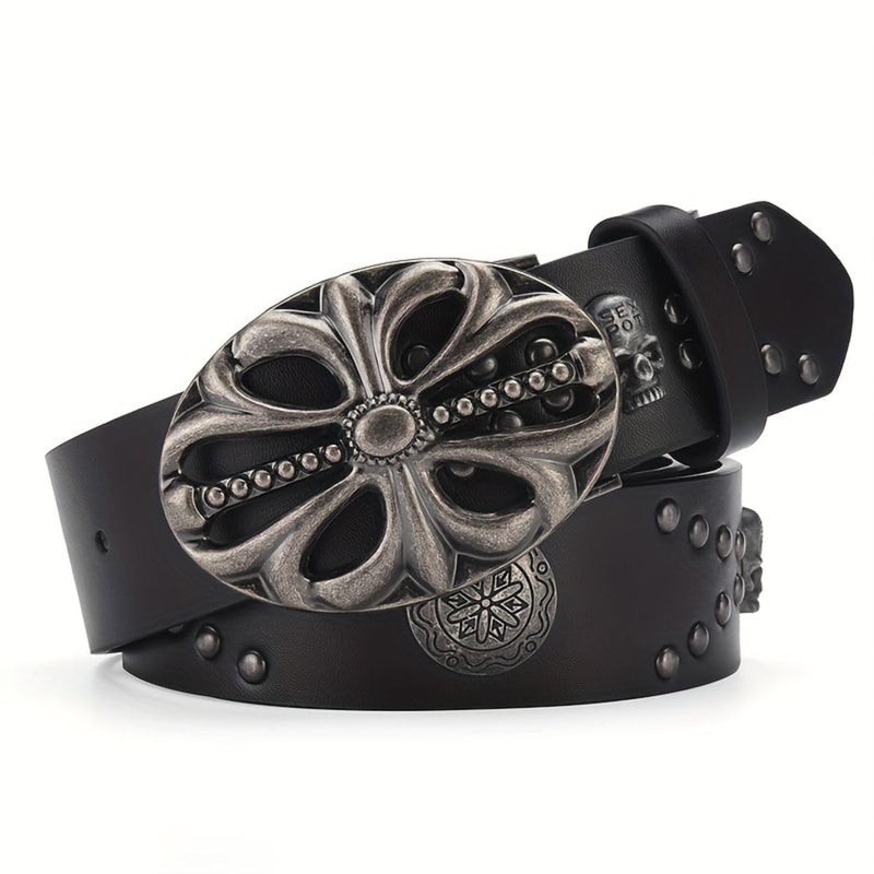 OATSBAS Men's Bohemian Style Vintage Skeleton Belt - Women's Riveted Hip Hop Punk Rock Y2K (Black, 43inch) - Image 1