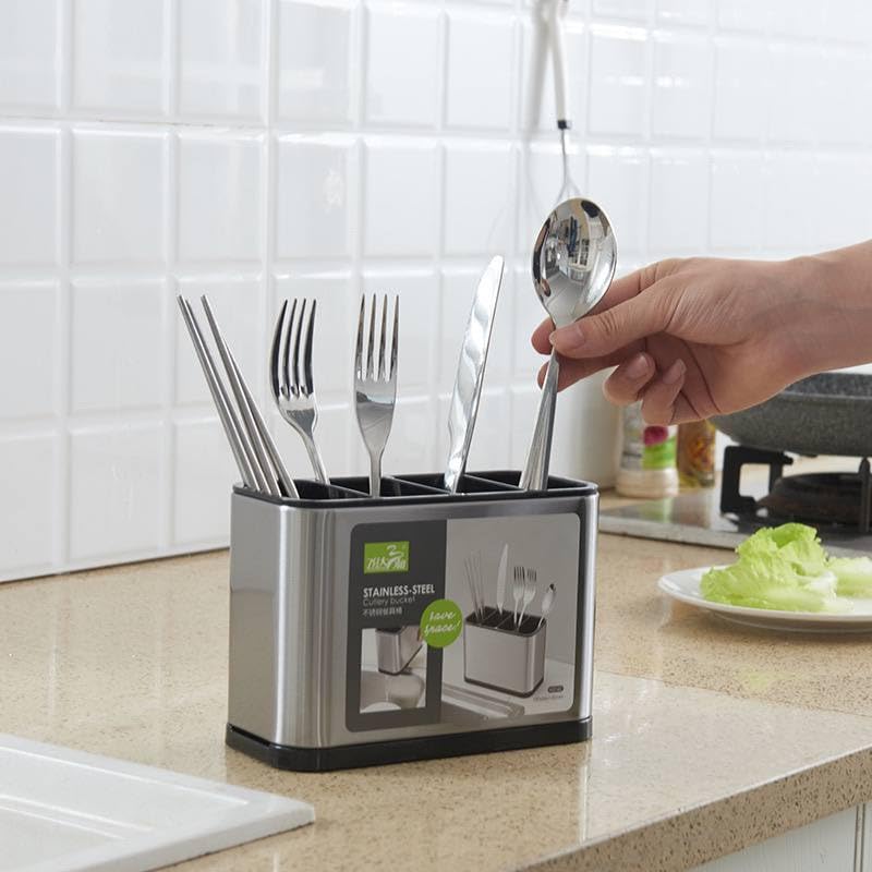 Generic Stainless Steel Utensil Holder, 4-Compartment Kitchen Organiser with Drainage Base .nin - Image 1