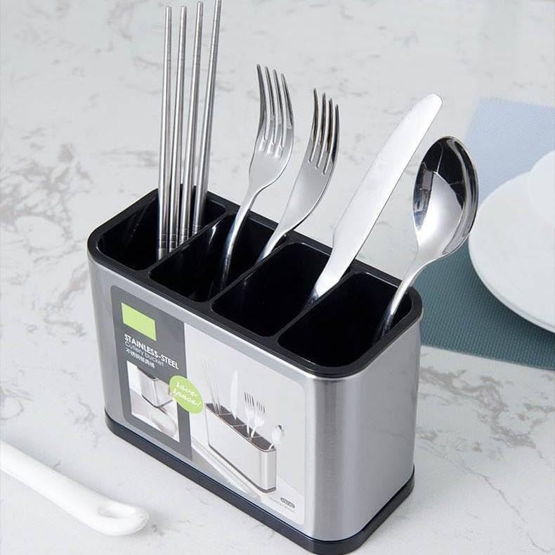 Generic Stainless Steel Utensil Holder, 4-Compartment Kitchen Organiser with Drainage Base .nin - Image 2