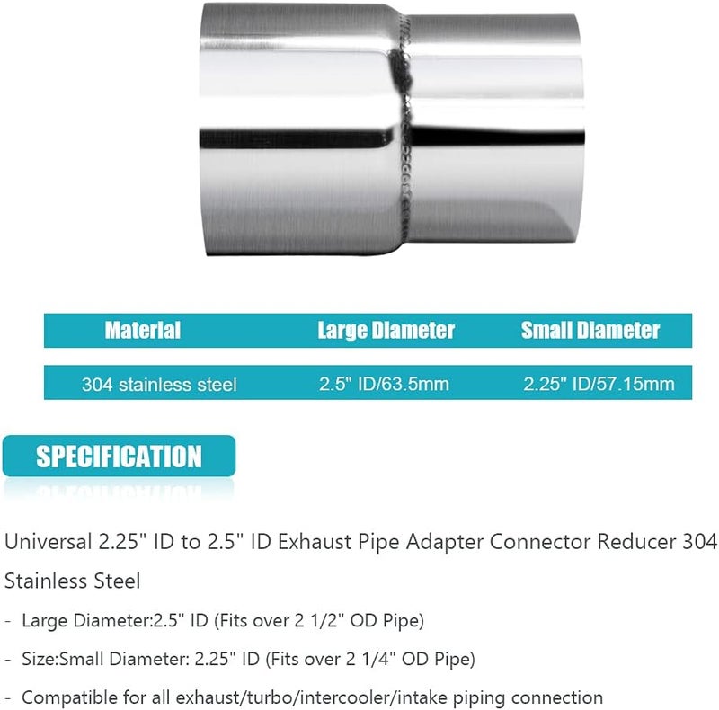 A ABIGAIL 2 PCS Universal 2.25" ID 2.5" ID Exhaust Pipe Adapter Connector Reducer 304 Stainless Steel 2.25 Inch to 2.5 Inch 2 1/4” ID to 2 1/2” ID kit - Image 5