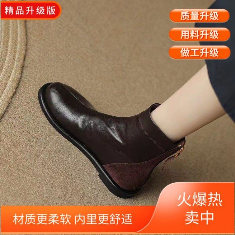 Retro British Flat Martin Boots Women Autumn Winter Round Toe Dark brown upgraded version 