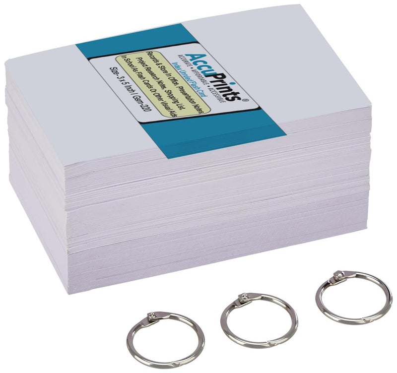 AccuPrints 50 White Blank Index Flash Cards - Suitable for Study, Home and Work Notes - Free Binder Rings - 220 GSM Thick - 3 x 5 inches - Image 1