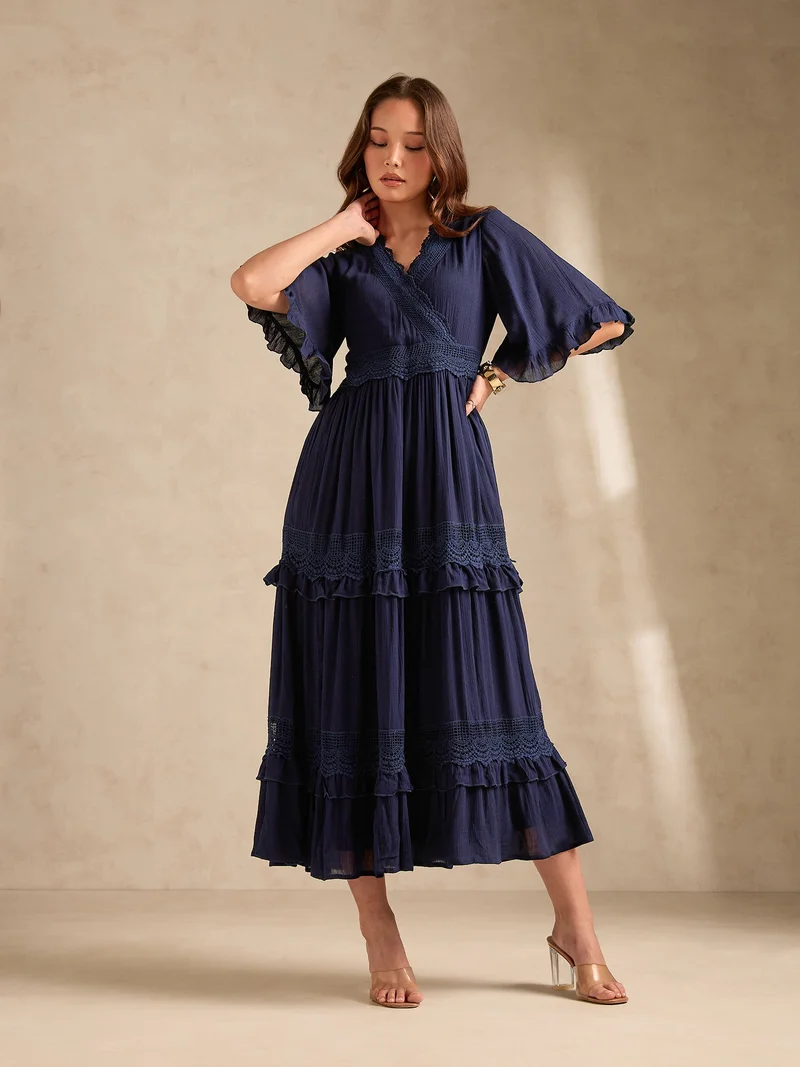 OUTZIDR Navy Blue V Neck Mesh Detail Dress