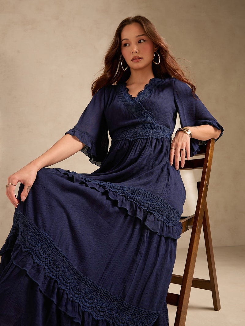 OUTZIDR Navy Blue V Neck Mesh Detail Dress - Image 4