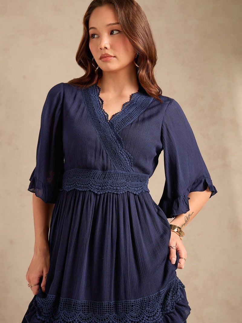 OUTZIDR Navy Blue V Neck Mesh Detail Dress - Image 3