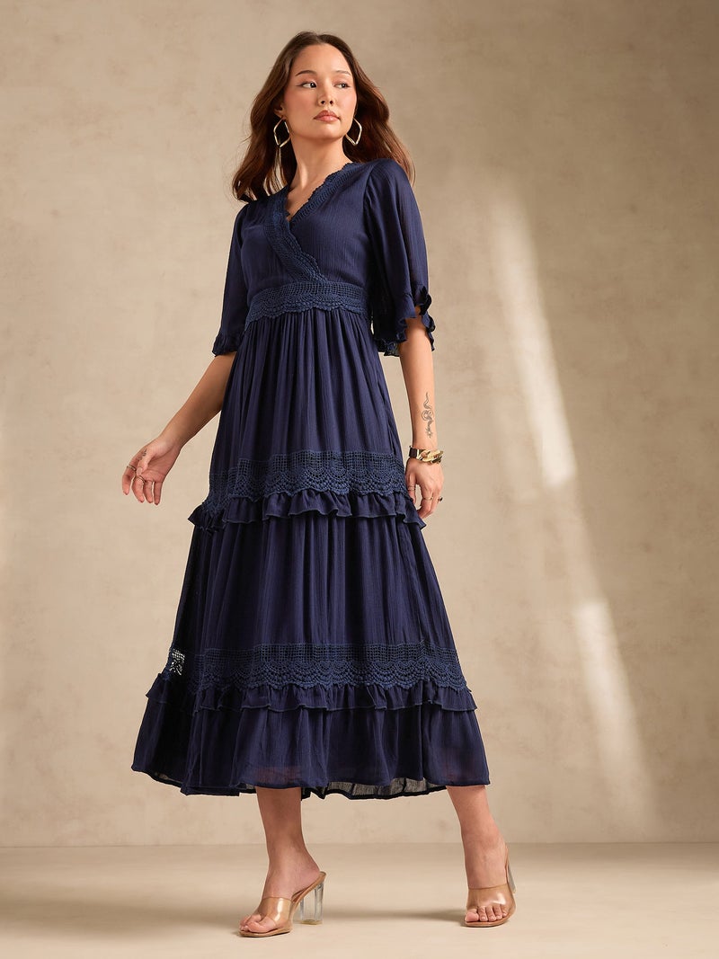 OUTZIDR Navy Blue V Neck Mesh Detail Dress - Image 5