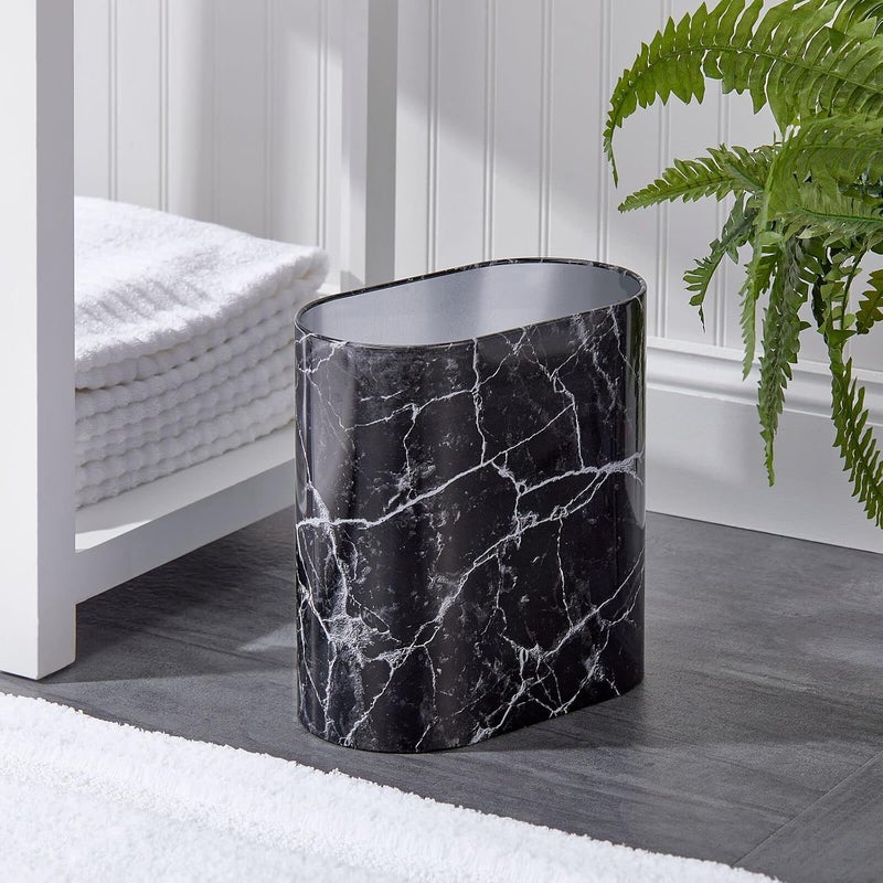 mDesign Slim Pill-Shaped Metal 1.98 Gallon/7 Liter Recycle Trash Can Wastebasket, Garbage Container Bin for Bathrooms, Kitchen, Bedroom, Office, Durable Stainless Steel, Mirri Collection, Black Marble - Image 2