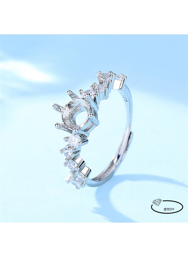 White Gold-plated Bamboo Copper Ring Empty Holder Diy Female Ring Holder Inlaid With Round Huazi Diamond Jadeite Dangerous Material Imitation 925 Silver