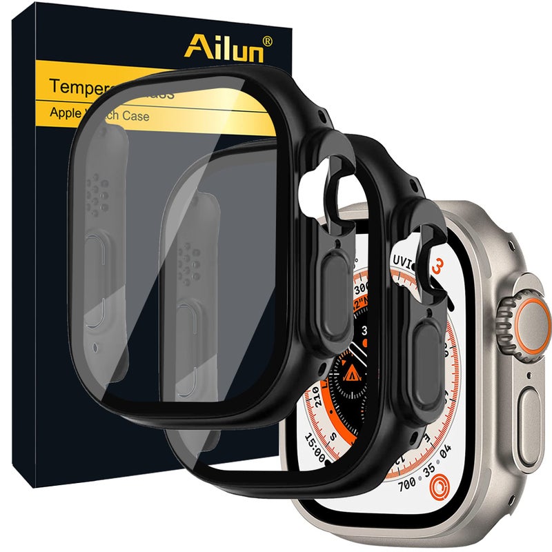 Ailun for 2022/2023 Apple Watch Ultra 2/Ultra Screen Protector Case [49mm], Ultra-Thin Hard PC Case Built in Tempered Glass for iWatch, Shockproof Cover with Button [2 Pack][Black] - Image 1