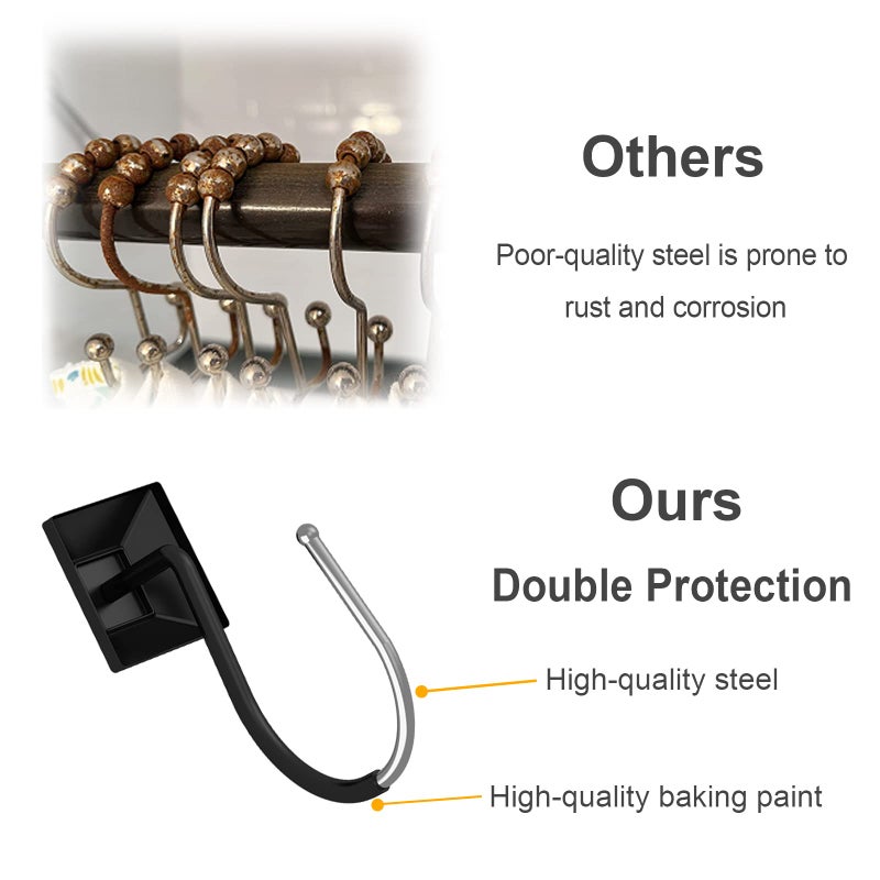 GILLAS Shower Curtain Decorative Hooks, Set of 12 Shower Curtain Rod Rings for Bathroom Rust Resistant Square, Black - Image 3