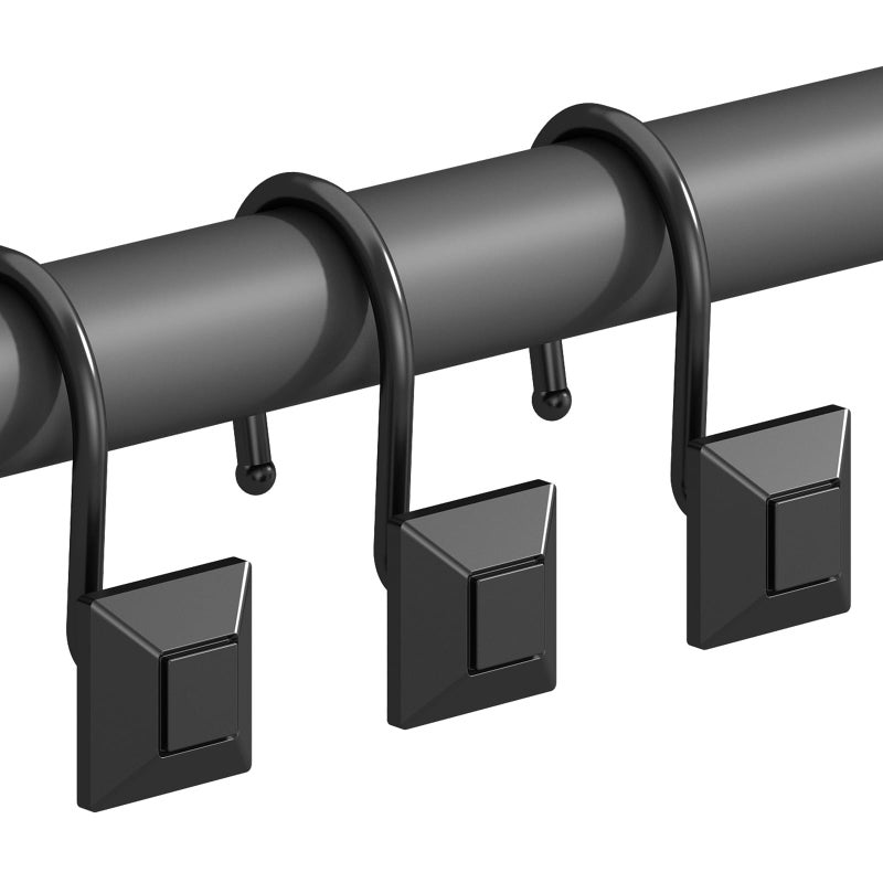 GILLAS Shower Curtain Decorative Hooks, Set of 12 Shower Curtain Rod Rings for Bathroom Rust Resistant Square, Black - Image 1