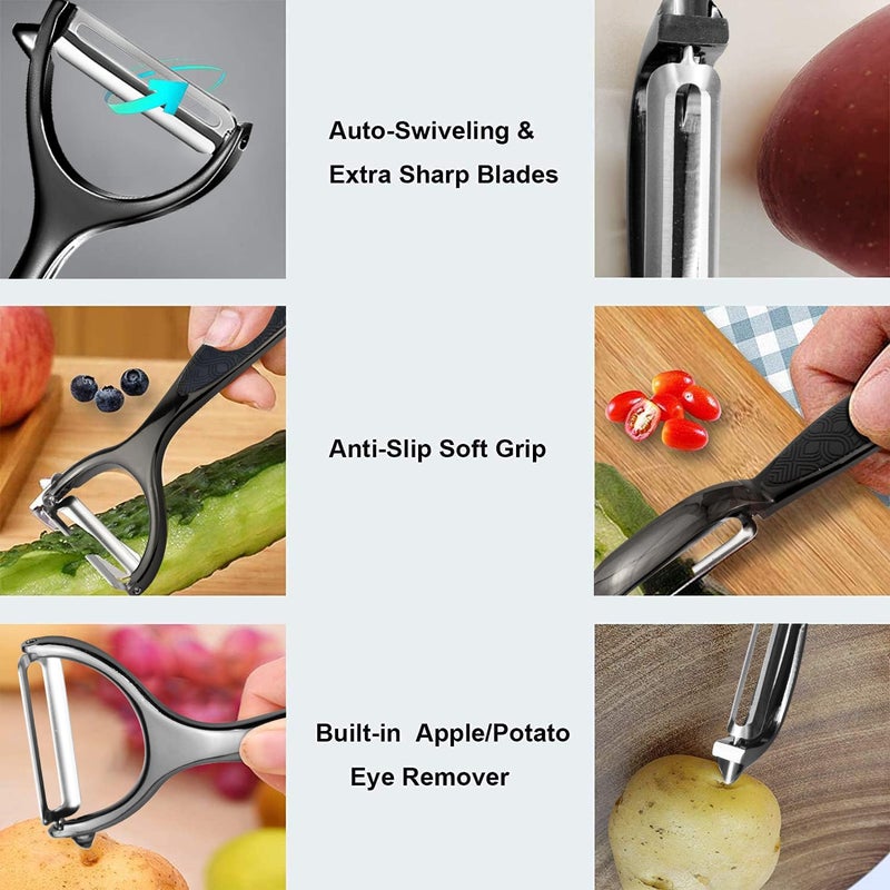 Leaflai Vegetable Peeler, Potato Peelers for Kitchen Stainless Steel Multi-function Set Fruit Peeler For Kitchen and Household Tools Y & I Shape Swivel Blades for Fruit Vegetables(Black) - Image 3