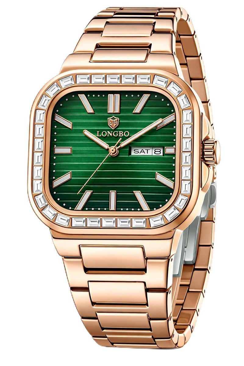 LONGBO Monarch 83822 Analog Watch with Sculpted Square Dial, Studded Bezel Detailing, Stainless Steel Bracelet & Day–Date Display | Men | Office, Business, Formal & Gifting - Image 1