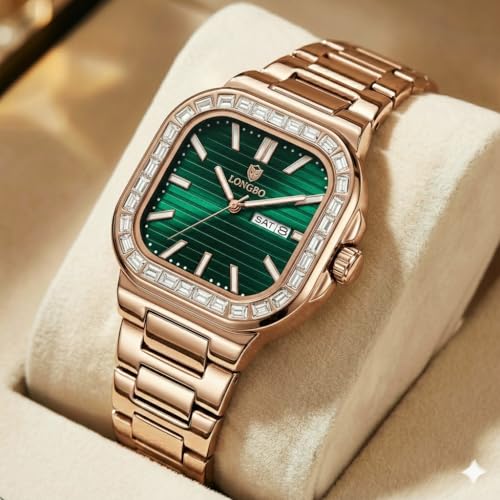 LONGBO Monarch 83822 Analog Watch with Sculpted Square Dial, Studded Bezel Detailing, Stainless Steel Bracelet & Day–Date Display | Men | Office, Business, Formal & Gifting - Image 2