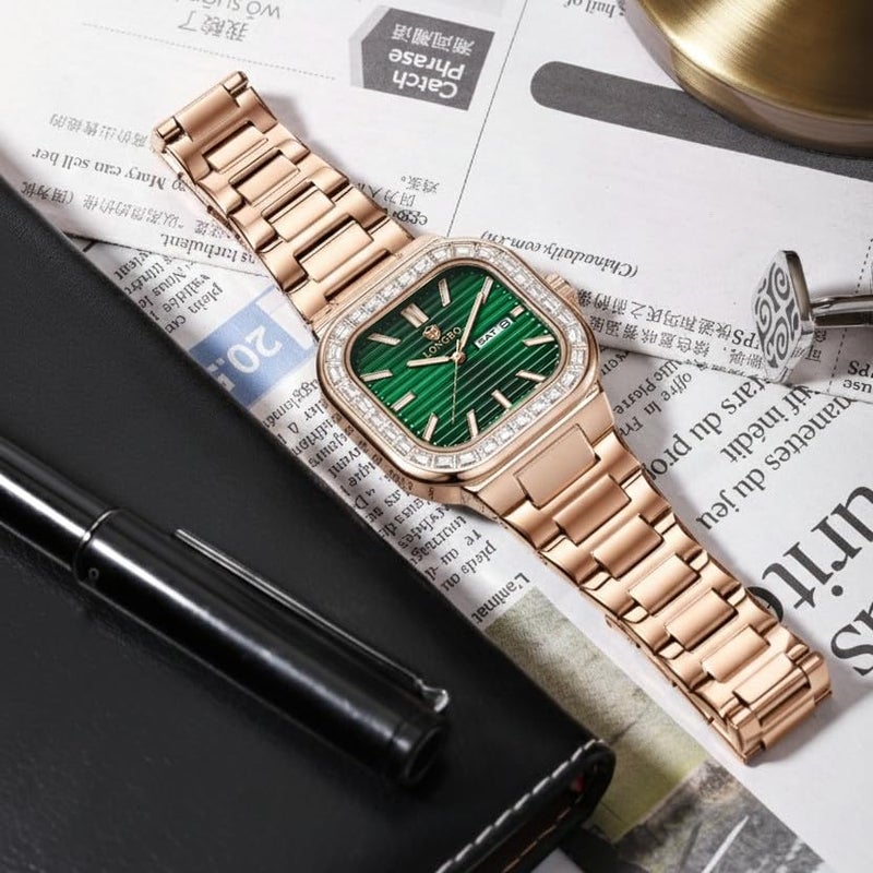 LONGBO Monarch 83822 Analog Watch with Sculpted Square Dial, Studded Bezel Detailing, Stainless Steel Bracelet & Day–Date Display | Men | Office, Business, Formal & Gifting - Image 4
