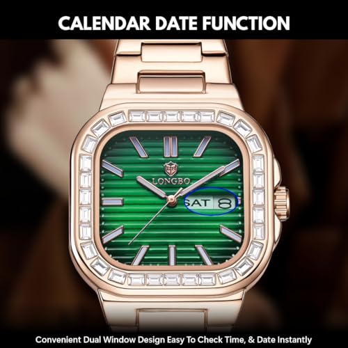 LONGBO Monarch 83822 Analog Watch with Sculpted Square Dial, Studded Bezel Detailing, Stainless Steel Bracelet & Day–Date Display | Men | Office, Business, Formal & Gifting - Image 5