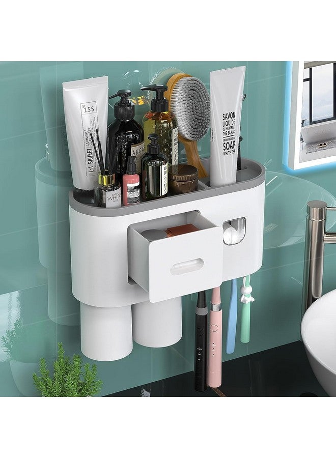 Tyzag Toothbrush Holder Wall Mounted, Automatic Toothpaste Dispenser Squeezer Kit -Magnetic Toothbrush Holder for Bathroom, 4 Brush Slots 2 Cups 1 Cosmetic Drawer1 Large Storage Tray (2 Cup, Grey) - Image 1