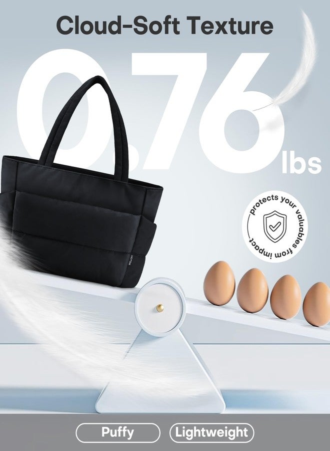 HOTOR Puffer Tote Bag for Women, Nurses - Multi-Pocket Lightweight Bag for Work - Quilted Handbag for Travel and Gym, Black, 18.1" x 6.3" x 11.8" - Image 2