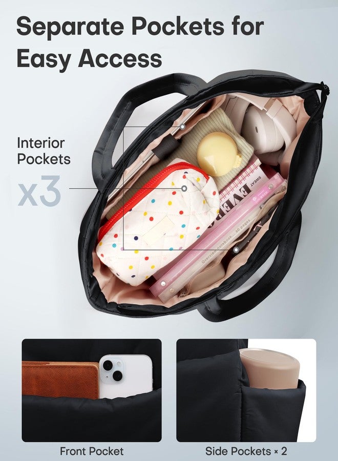 HOTOR Puffer Tote Bag for Women, Nurses - Multi-Pocket Lightweight Bag for Work - Quilted Handbag for Travel and Gym, Black, 18.1" x 6.3" x 11.8" - Image 5