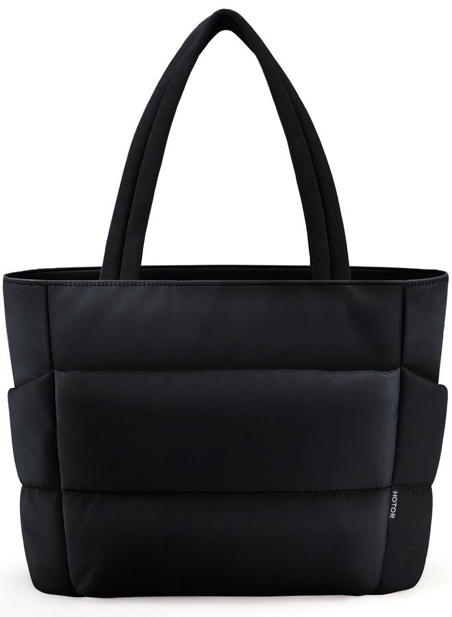 HOTOR Puffer Tote Bag for Women, Nurses - Multi-Pocket Lightweight Bag for Work - Quilted Handbag for Travel and Gym, Black, 18.1" x 6.3" x 11.8" - Image 1