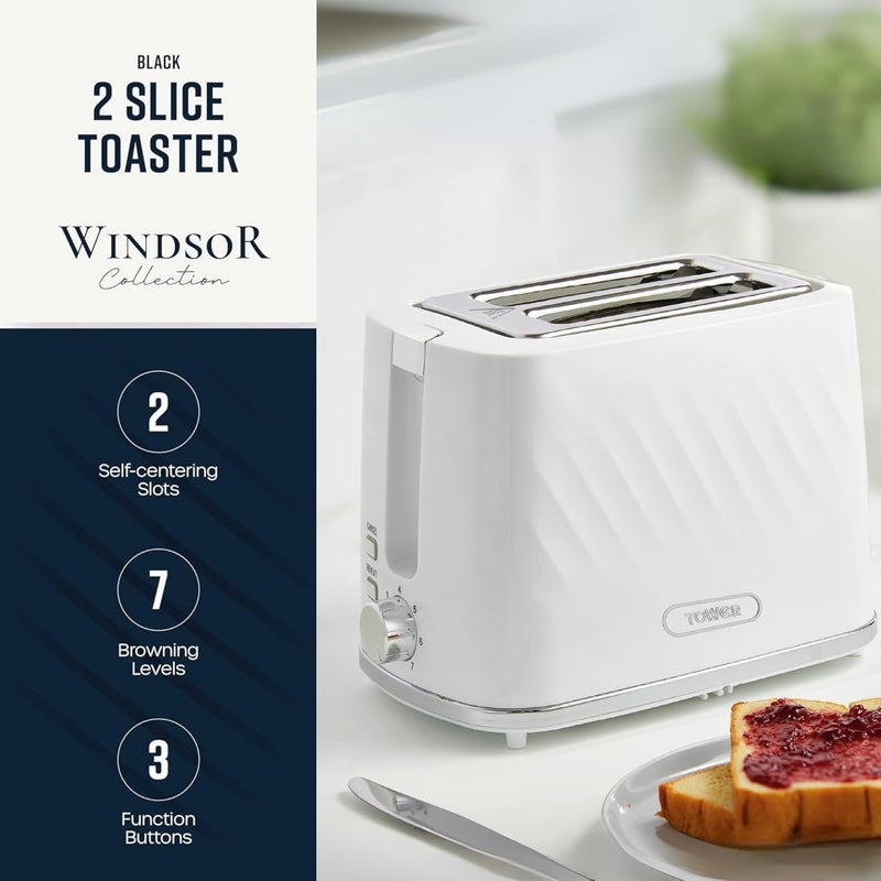 Tower محمصة ويندسور 2 شريحة مع فتحات ذاتية التمركز، 7 مستويات تحمير، 800 واط تسخين سريع، إعادة تسخين وتذويب، إيقاف تلقائي، صينية فتات قابلة للإزالة، تصميم بريطاني، ضمان لمدة 2 سنة - Image 2