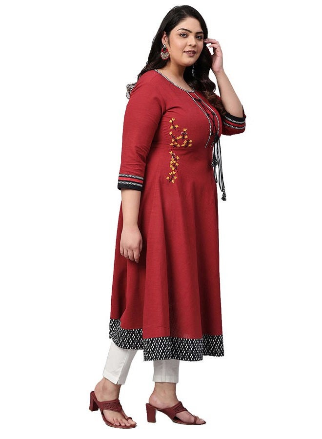 Yash Gallery Women's Cotton Slub Embroidered Anarkali Kurta (Xx-Large Red) - Image 3